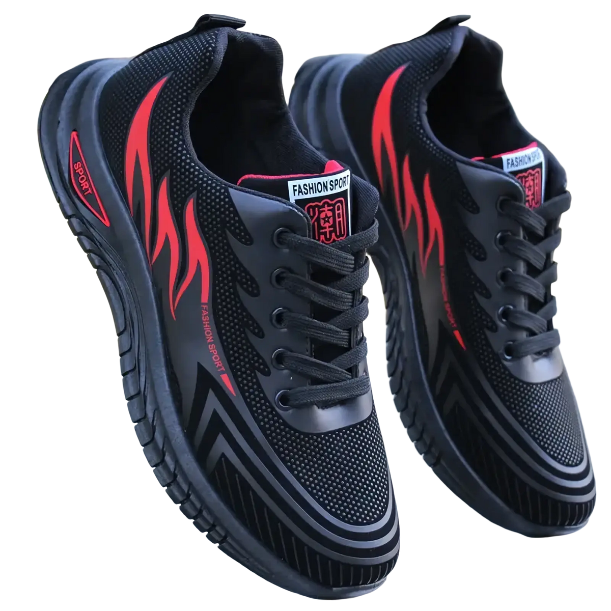 Men breathable athletic sneakers running shoes with black and red mesh upper and flame-like design accents