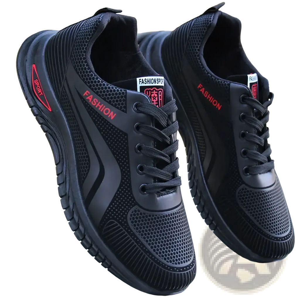 Men breathable athletic sneakers in black mesh with red fashion and sport branding accents for running use