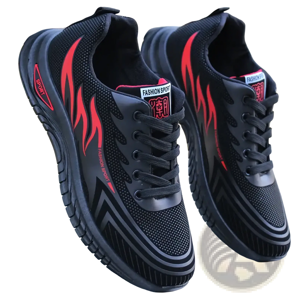 Men breathable athletic sneakers running shoes with black and red mesh upper and flame-like design accents