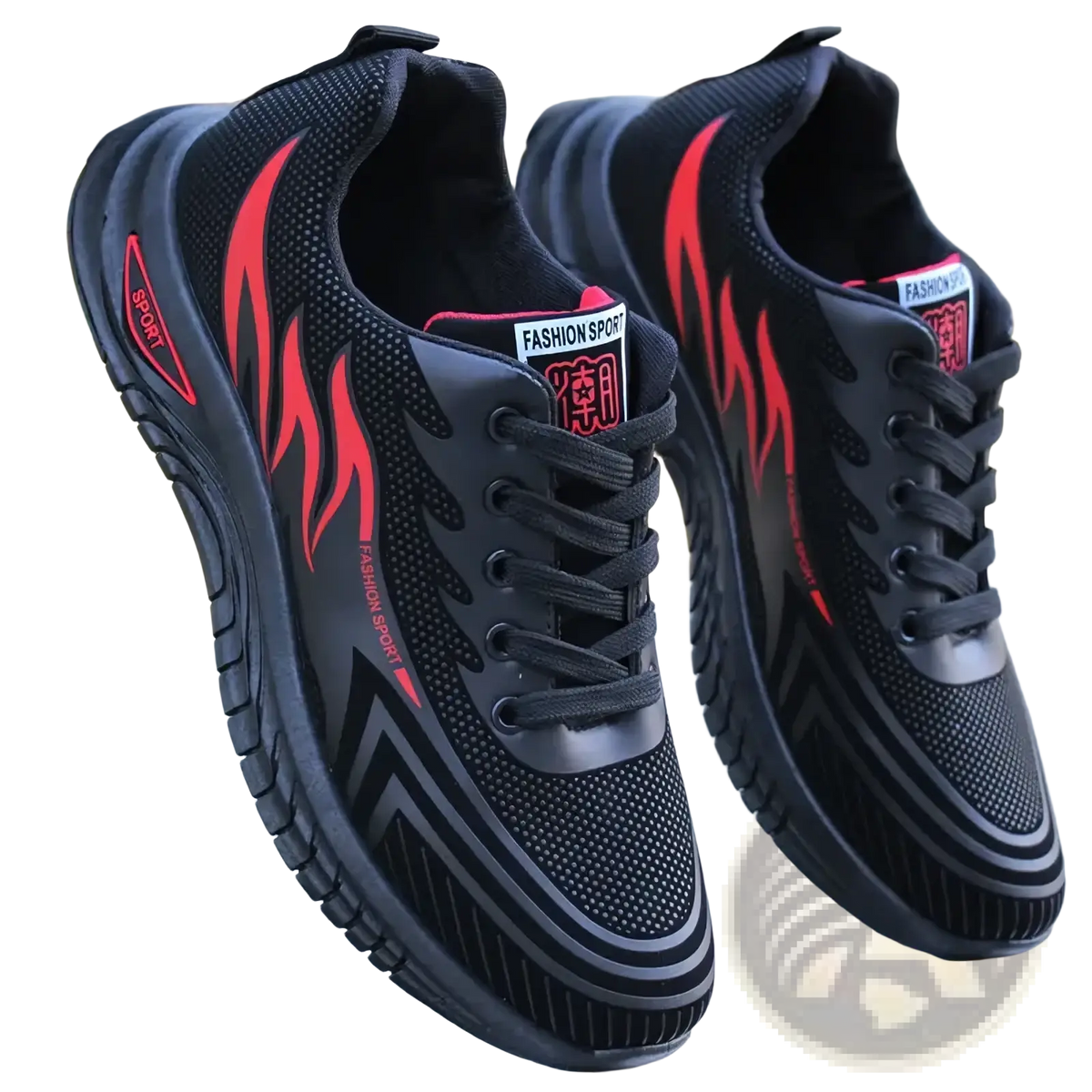 Men breathable athletic sneakers running shoes with black and red mesh upper and flame-like design accents