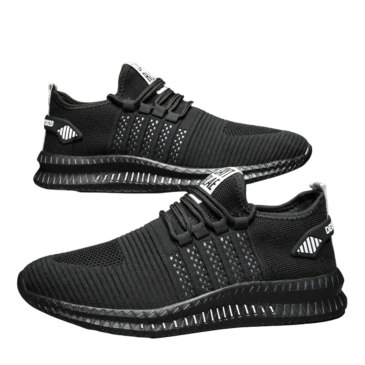 Men breathable casual knit sneakers black with textured mesh upper and white branding details for everyday wear