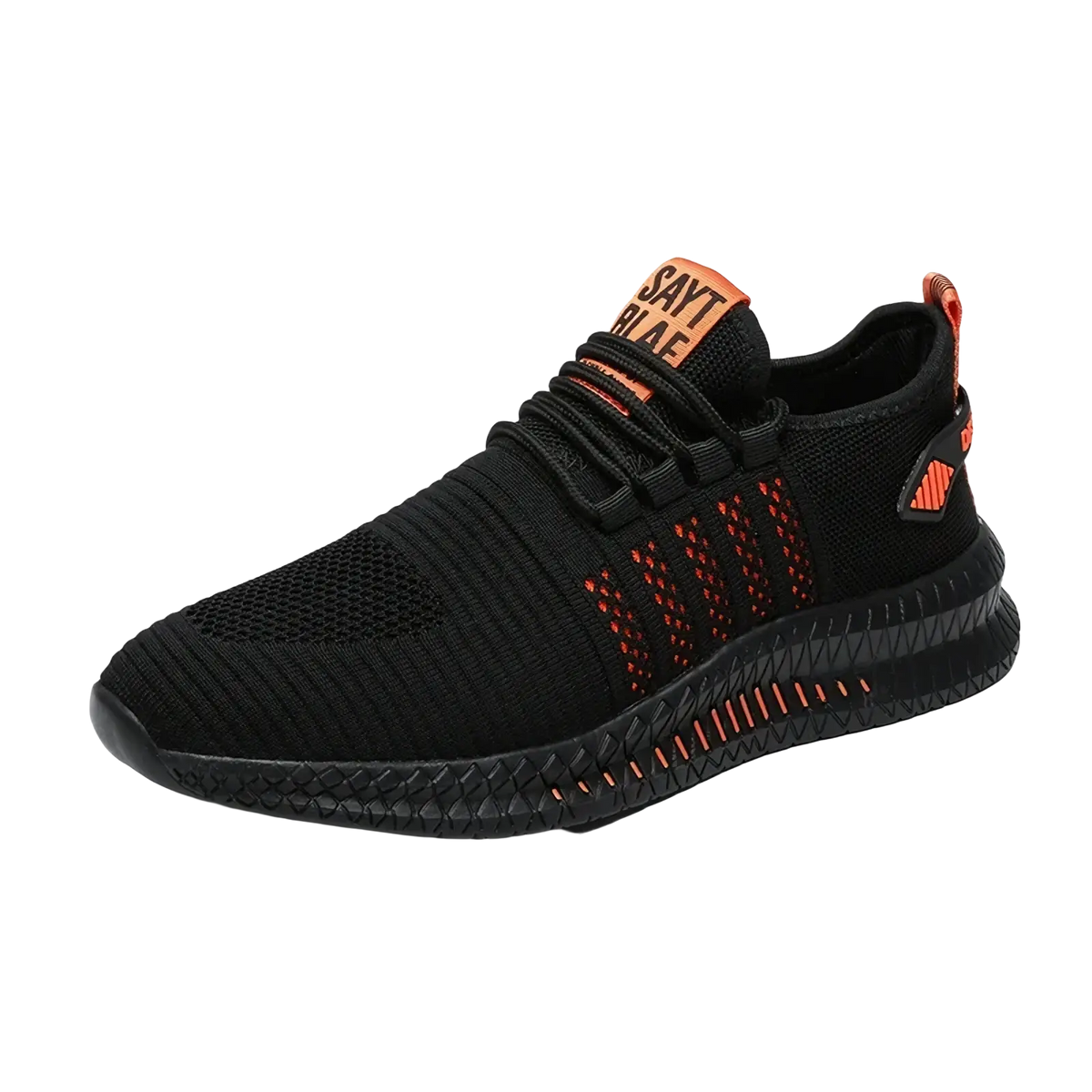 Men breathable casual knit sneakers in black and orange with textured mesh upper and geometric patterned side panels