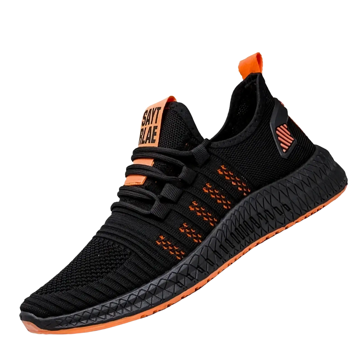 Men breathable casual knit sneakers in black and orange with textured mesh upper bold orange laces and treaded sole