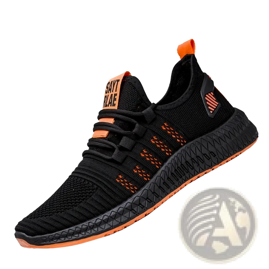 Men breathable casual knit sneakers in black and orange with textured mesh upper bold orange laces and treaded sole