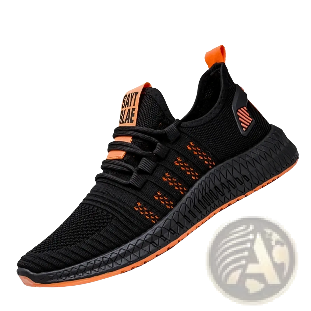Men breathable casual knit sneakers in black and orange with textured mesh upper bold orange laces and treaded sole