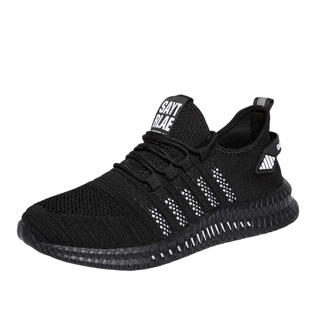 Men breathable casual knit sneaker in black with white geometric patterns and a textured rubber sole