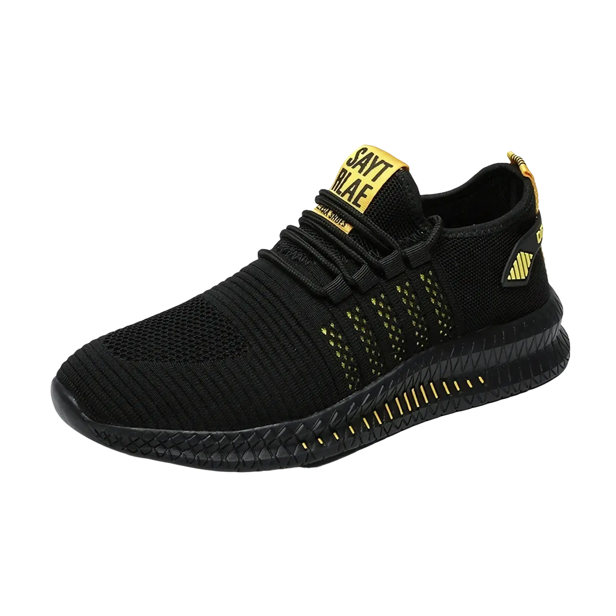 Men breathable casual knit sneaker in black with yellow accents and branding on the tongue for everyday wear