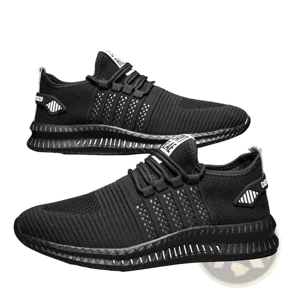 Men breathable casual knit sneakers black with textured mesh upper and white branding details for everyday wear