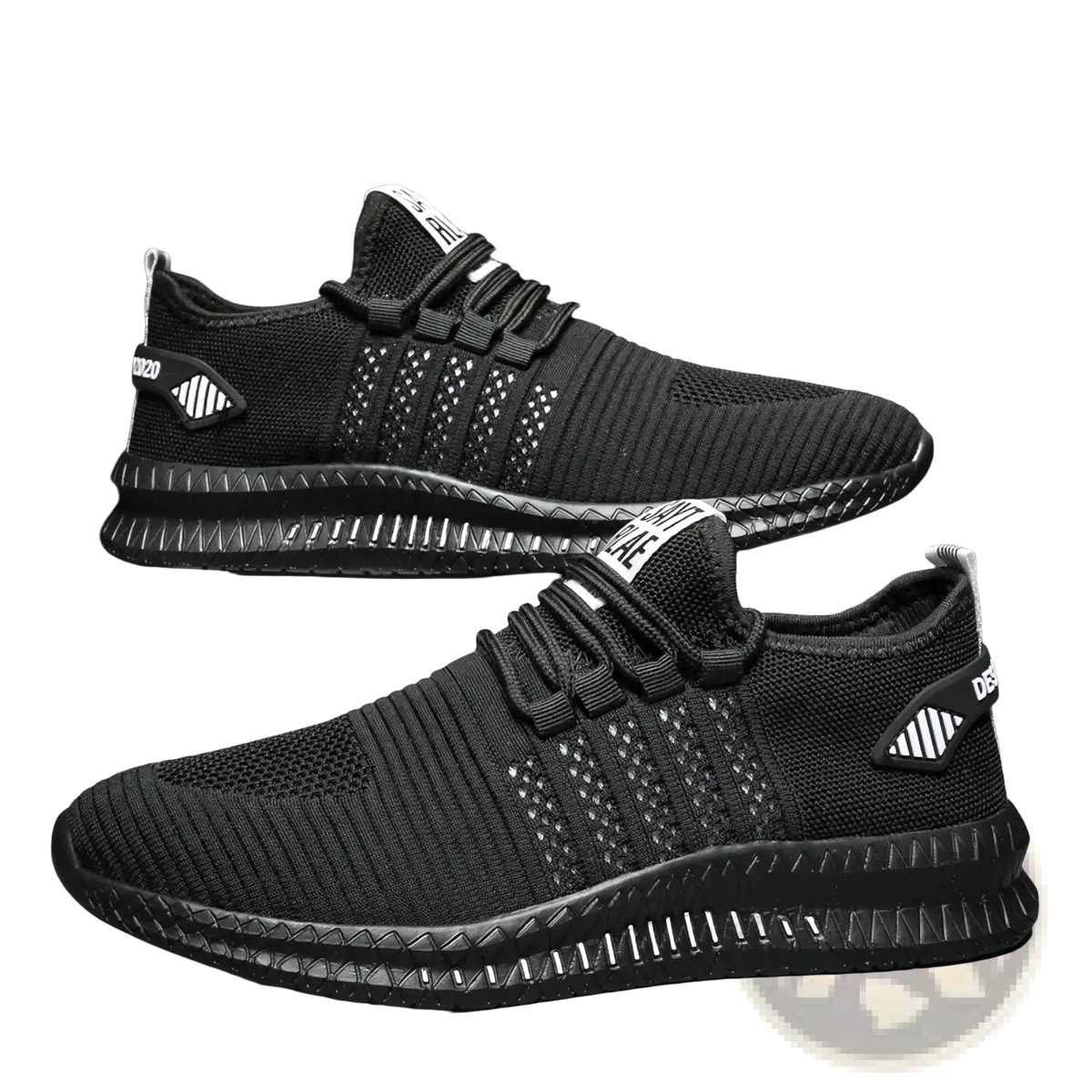 Men breathable casual knit sneakers black with textured mesh upper and white branding details for everyday wear