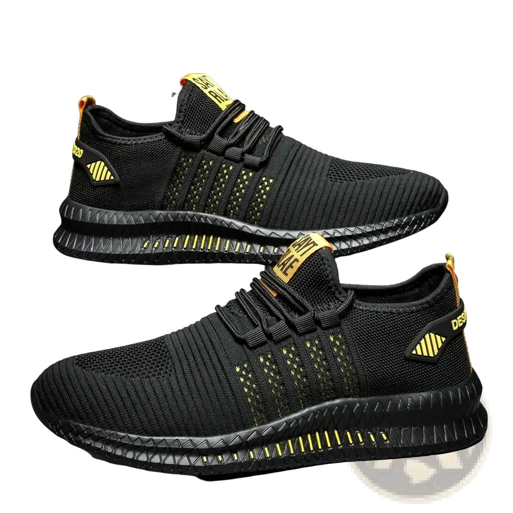 Men breathable casual knit sneakers in black with yellow accents and a textured rubber sole for enhanced grip