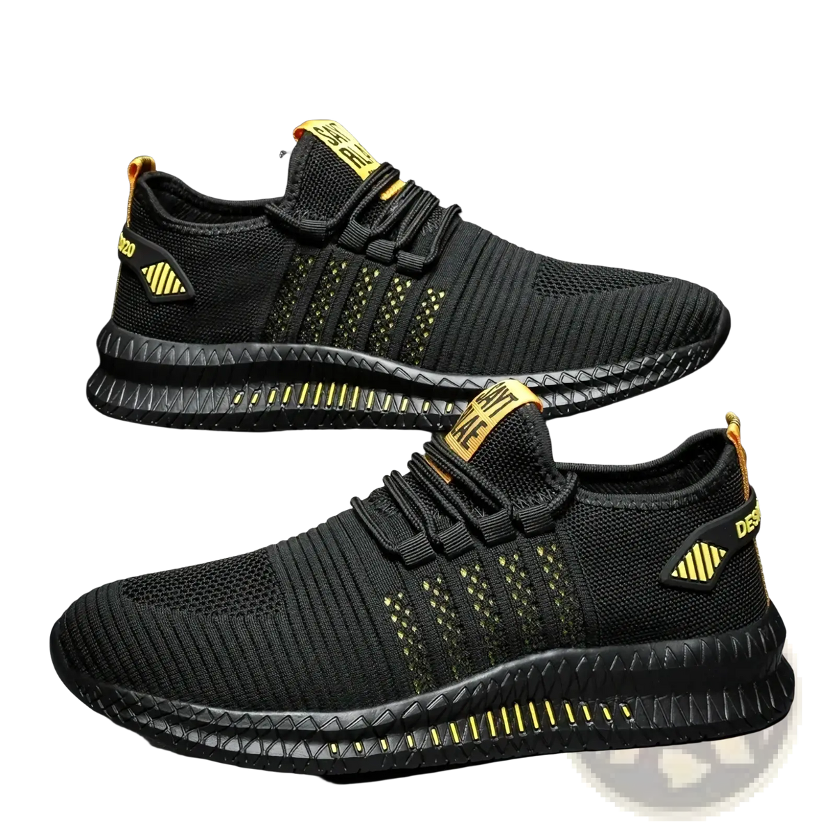 Men breathable casual knit sneakers in black with yellow accents and a textured rubber sole for enhanced grip