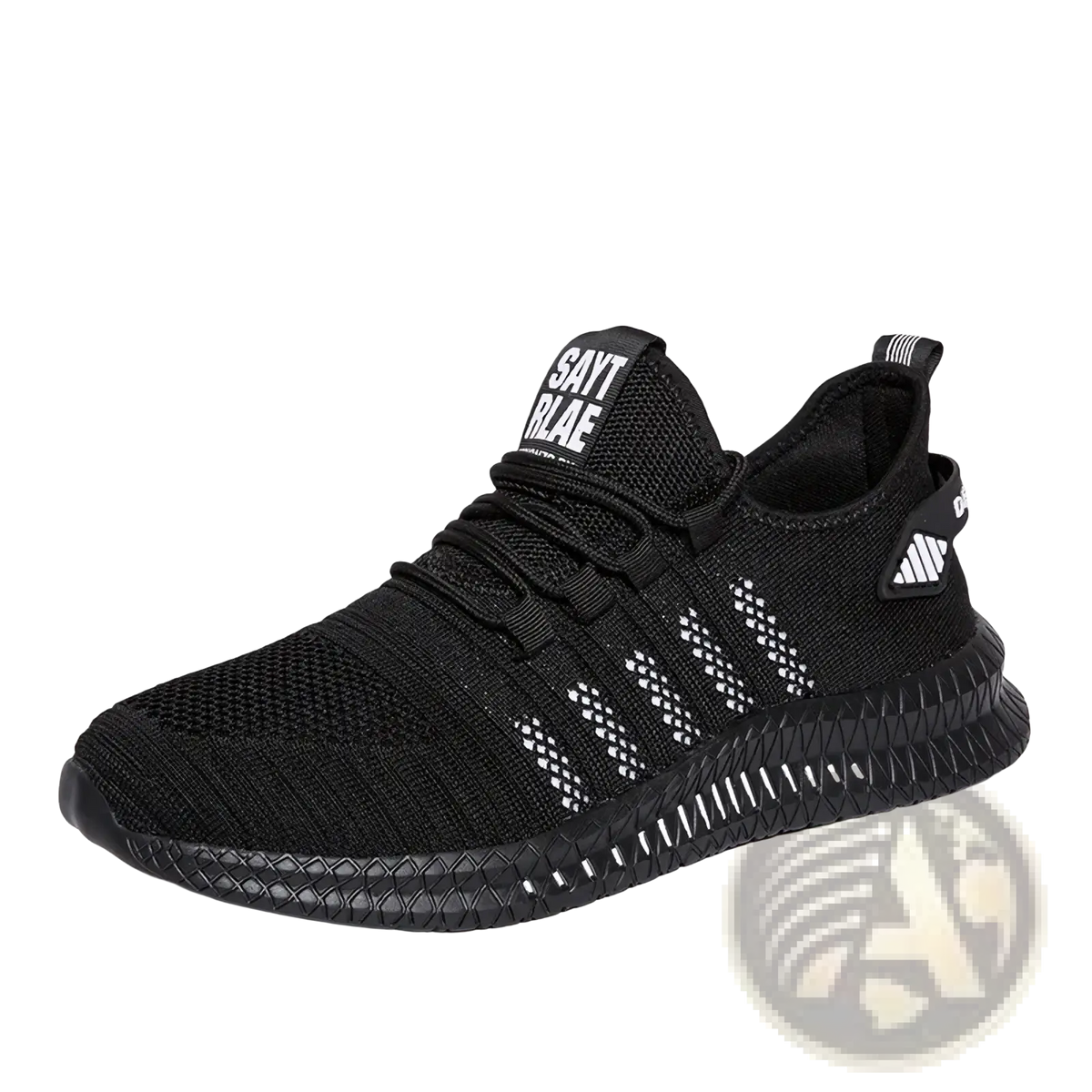 Men breathable casual knit sneaker in black with white geometric patterns and a textured rubber sole