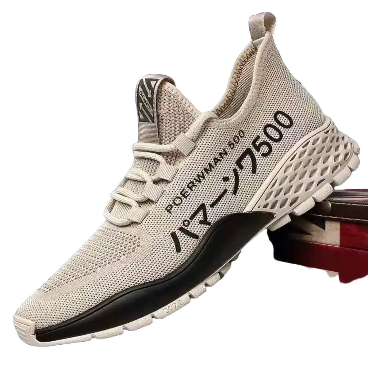 Men breathable high top casual sneaker in beige mesh with black text and a white textured sole