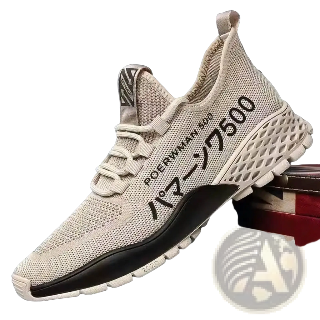 Men breathable high top casual sneaker in beige mesh with black text and a white textured sole