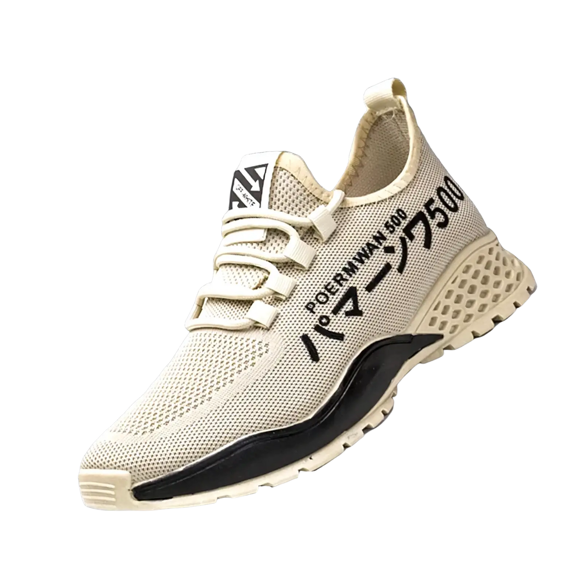 Men breathable high top casual sneaker in beige mesh with black accents and bold lettering on the side
