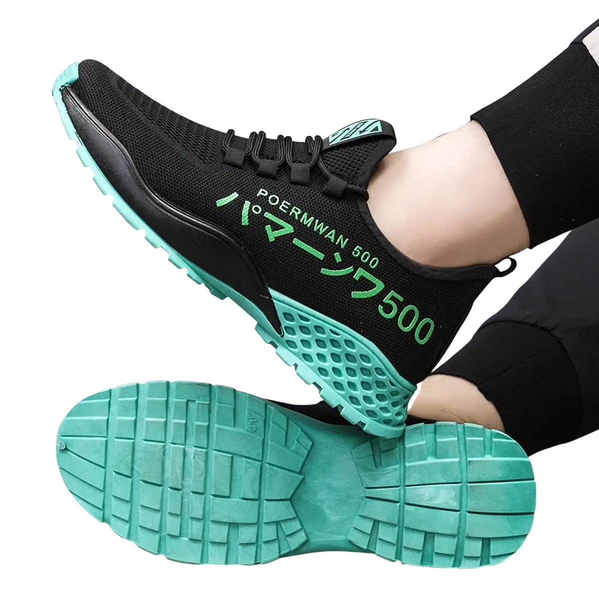 Men breathable high top casual sneakers in black mesh with vibrant teal accents and textured rubber sole poermwan 500 branding