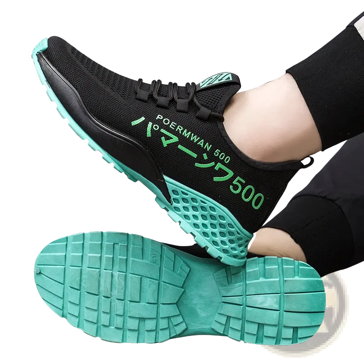Men breathable high top casual sneakers in black mesh with vibrant teal accents and textured rubber sole poermwan 500 branding