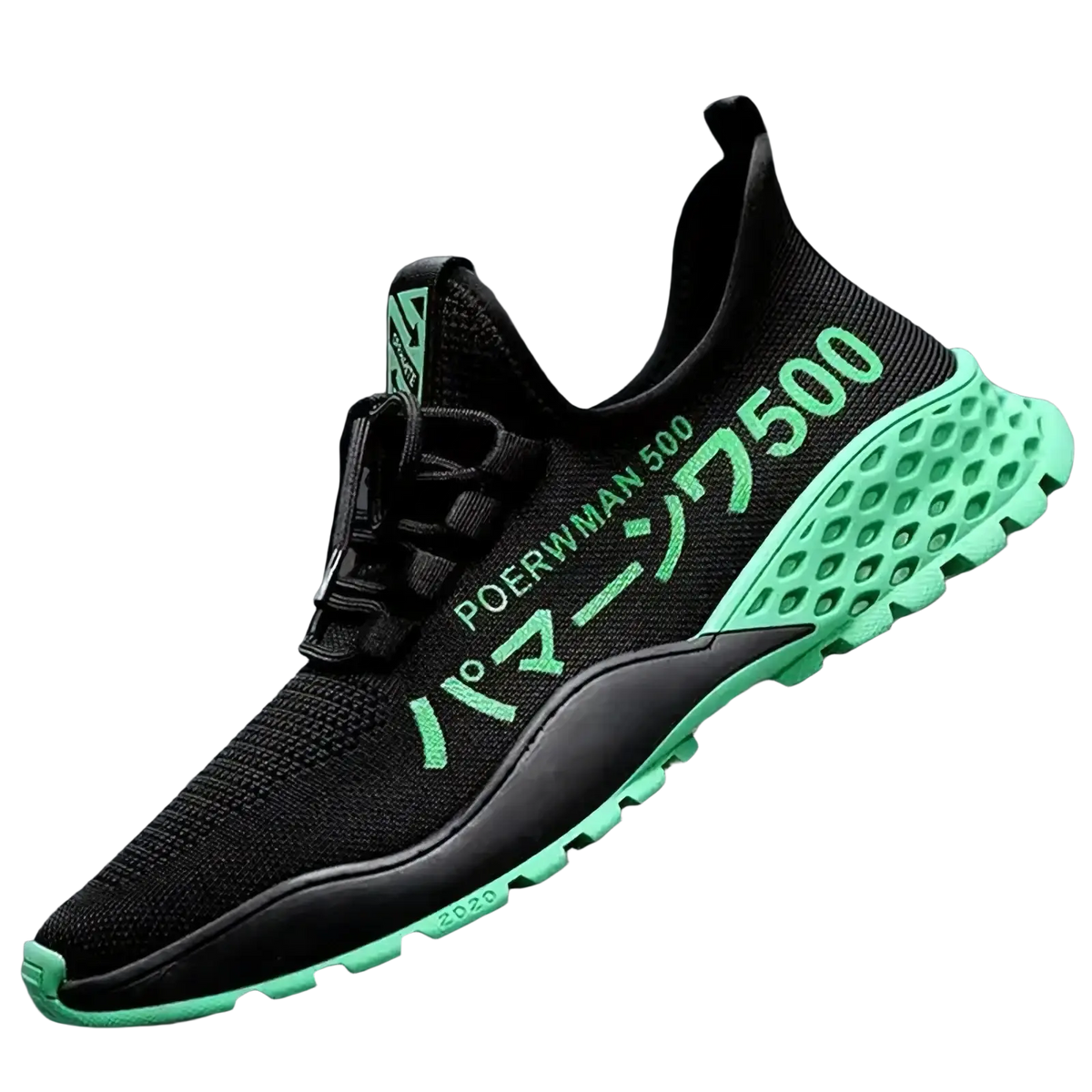 Men breathable high top casual sneakers in black mesh with neon green accents and branding on the side