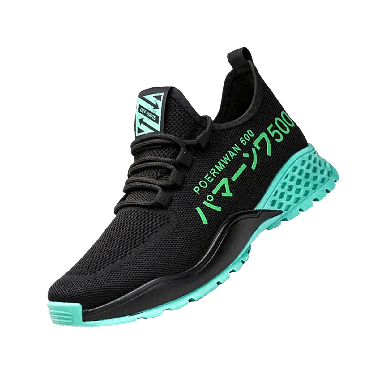 Men breathable high top casual sneakers in black mesh with neon green accents and poerman 500 branding in english and japanese