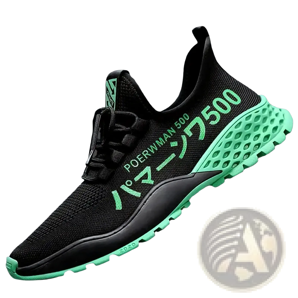 Men breathable high top casual sneakers in black mesh with neon green accents and branding on the side