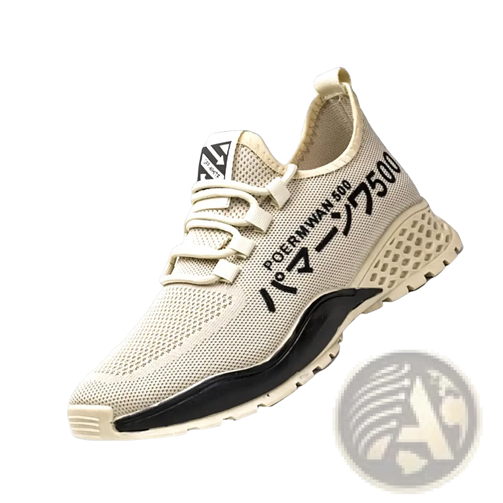 Men breathable high top casual sneaker in beige mesh with black accents and bold lettering on the side