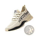 Men breathable high top casual sneaker in beige mesh with black accents and bold lettering on the side