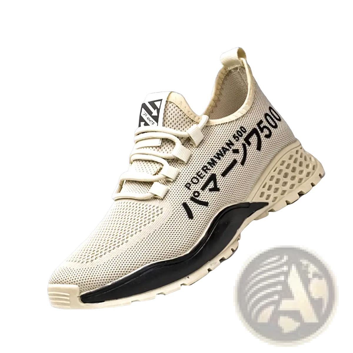 Men breathable high top casual sneaker in beige mesh with black accents and bold lettering on the side