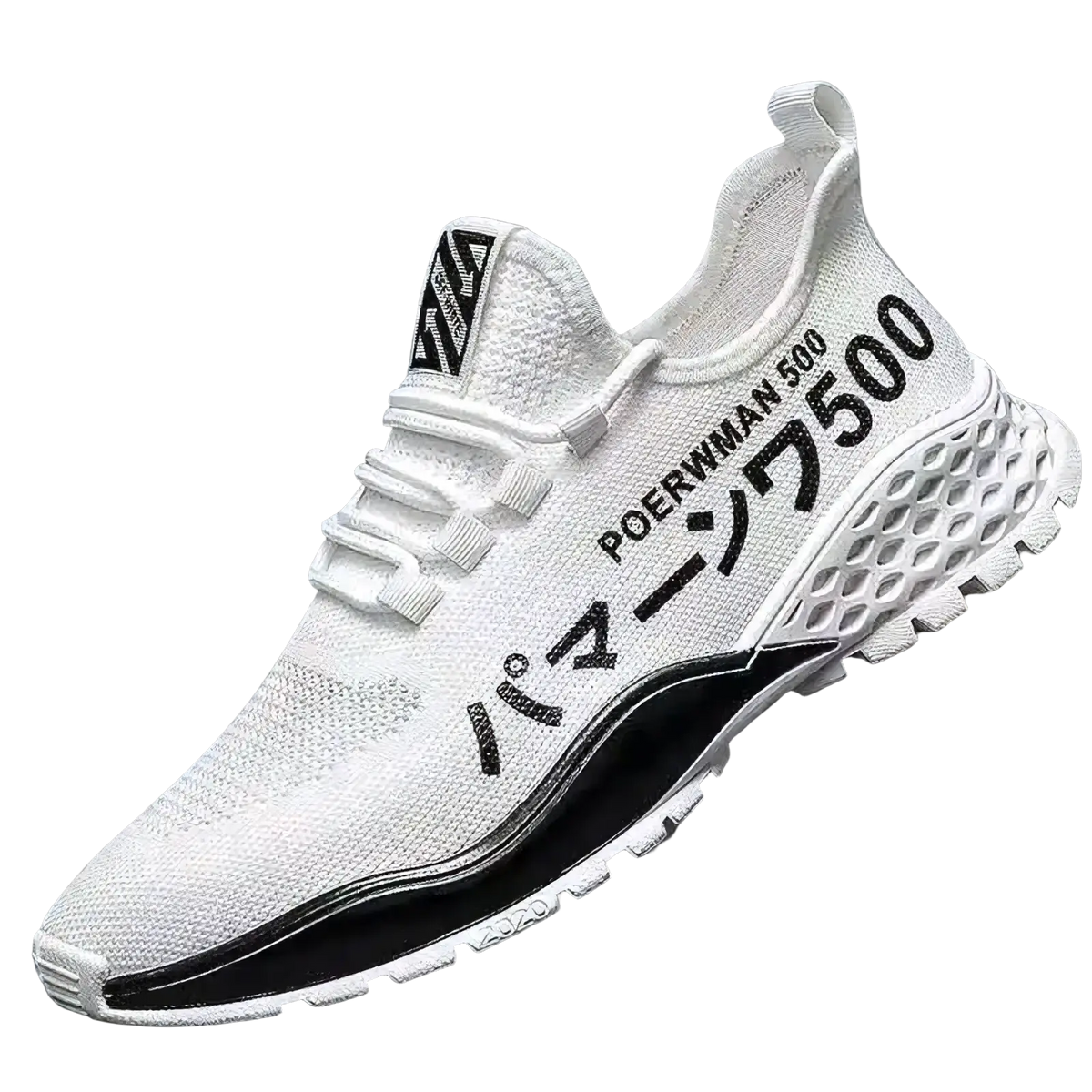 Men breathable high top casual sneaker in white knit with black text and mesh-patterned sole featuring poerwman 500 branding
