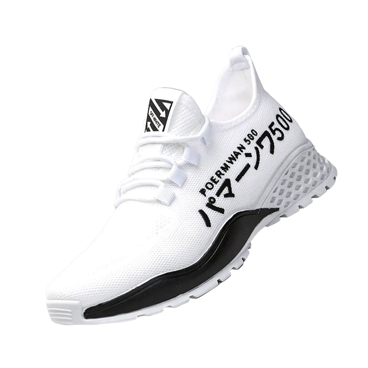 Men breathable high top casual sneakers white knit with black accents and bold lettering along the side