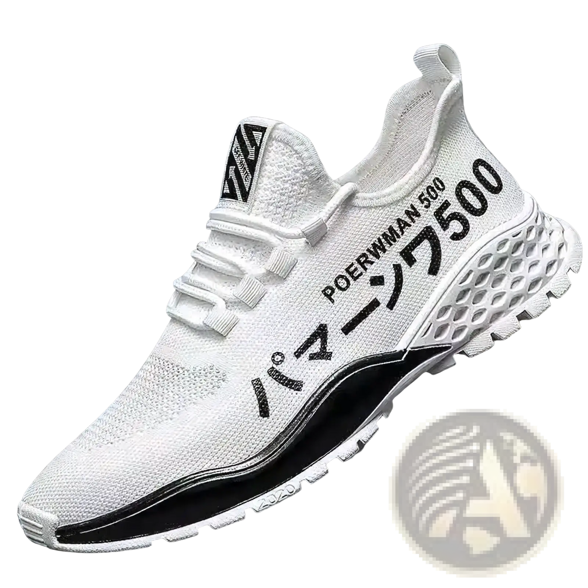 Men breathable high top casual sneaker in white knit with black text and mesh-patterned sole featuring poerwman 500 branding