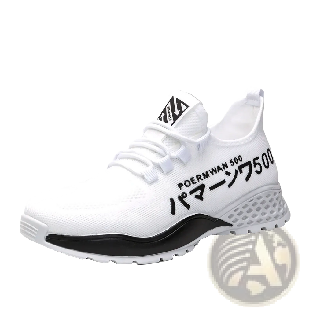 Men breathable high top casual sneakers featuring white knit material with black text and a contrasting black midsole