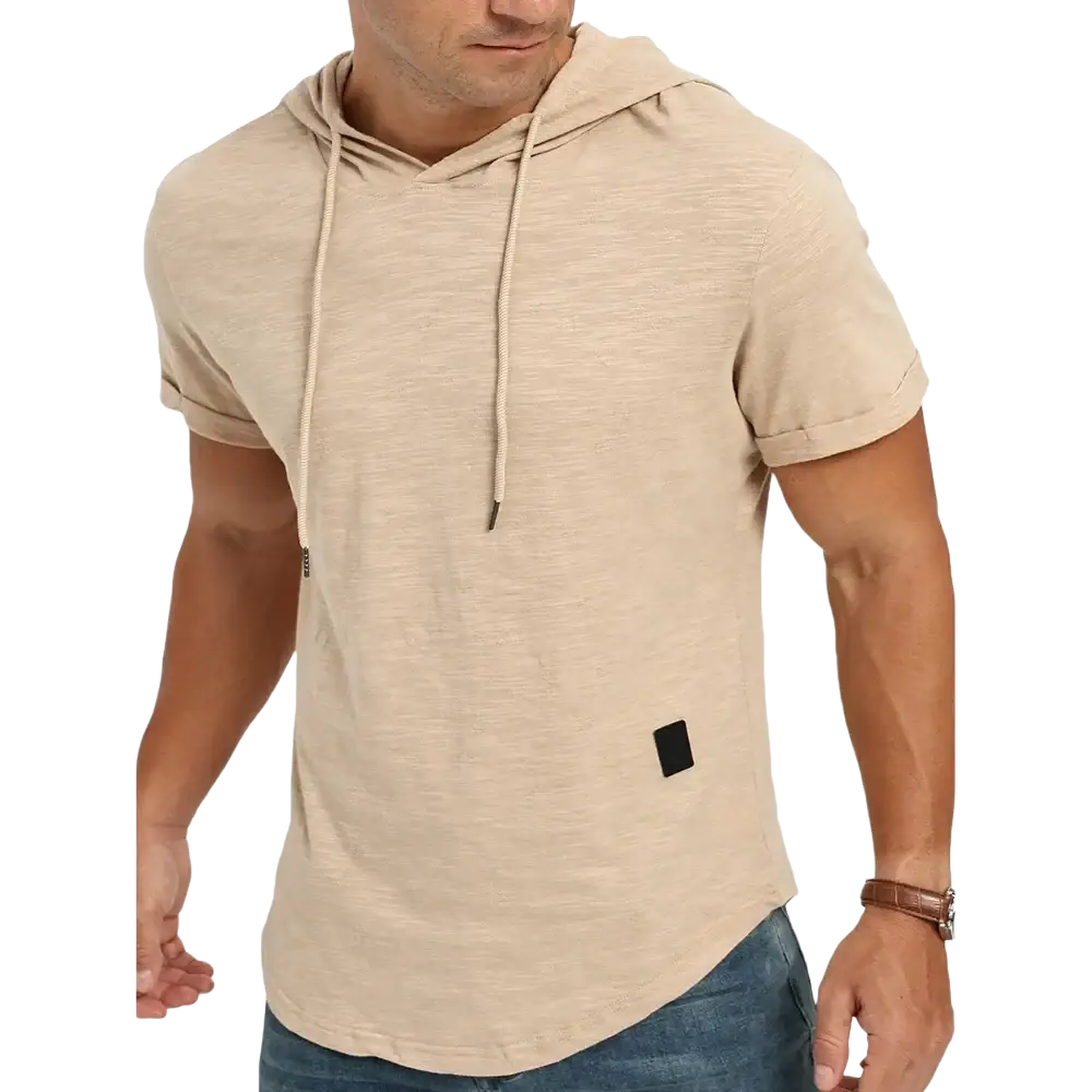 Beige breathable lightweight men short sleeve hoodie with drawstring hood and black patch for casual tops