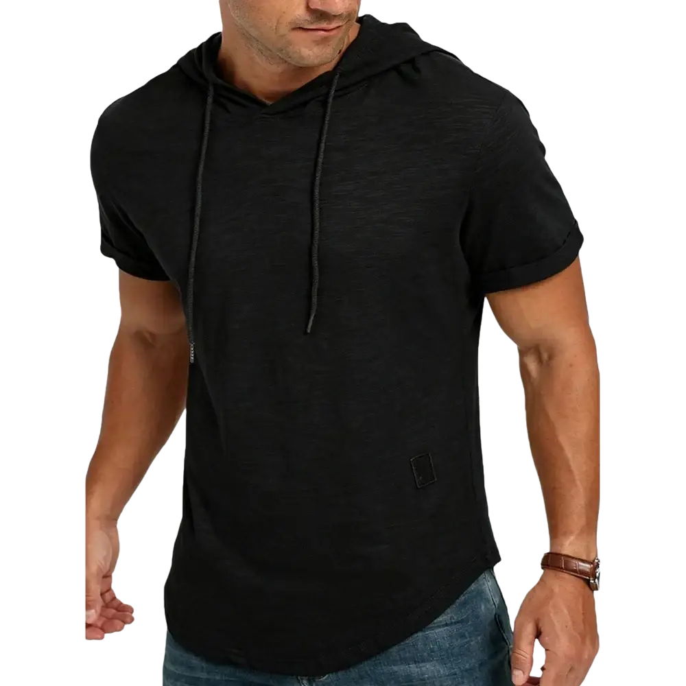 Men breathable lightweight short sleeve hoodie in black with drawstrings and subtle textured fabric for casual tops