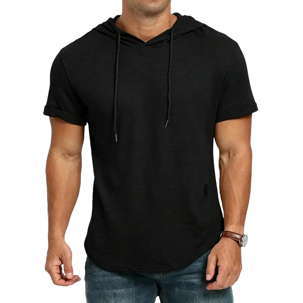 Men breathable lightweight short sleeve hoodie in black with drawstrings and a subtle rectangular patch on lower right side