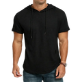 Men breathable lightweight short sleeve hoodie in black with drawstrings and a subtle rectangular patch on lower right side