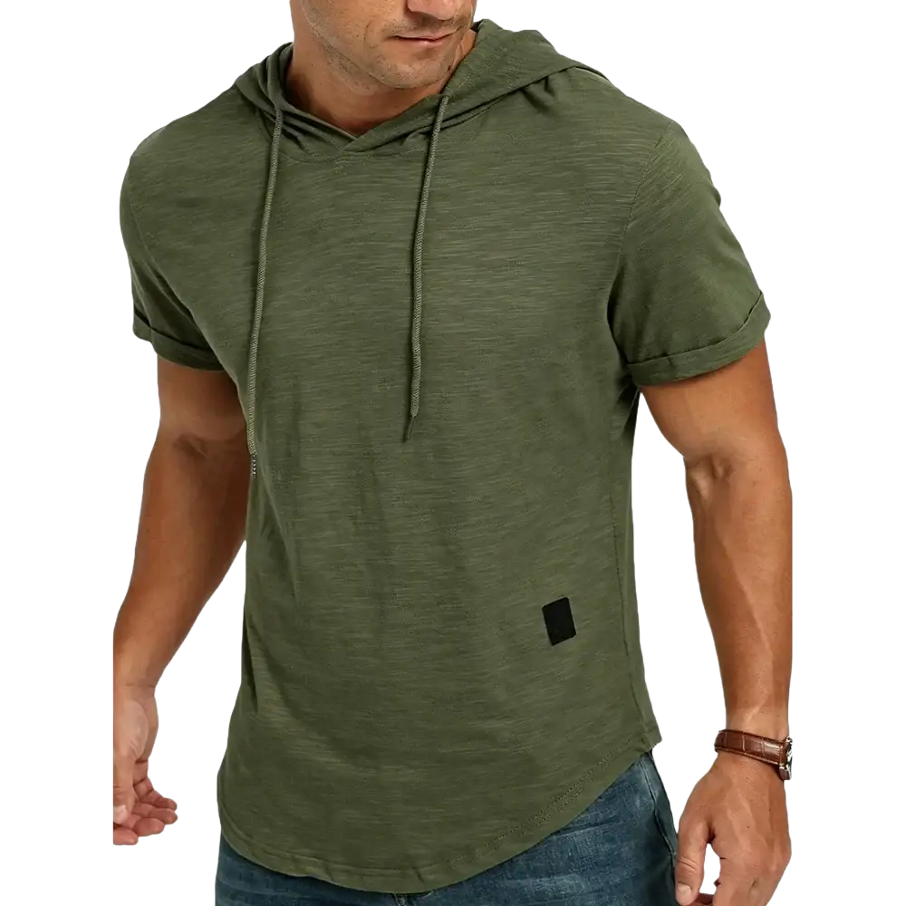 Men breathable lightweight olive green short-sleeved hoodie with textured fabric and black front patch casual tops