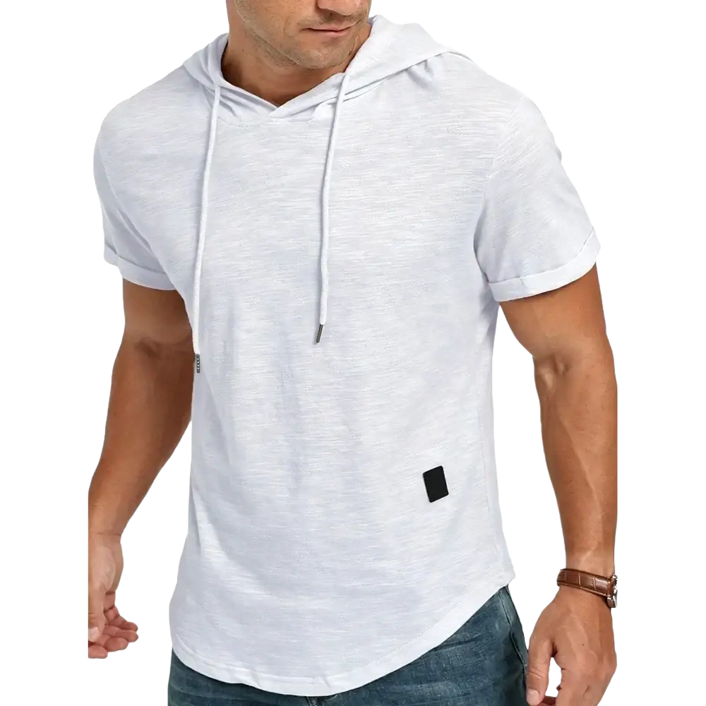 Men breathable lightweight short sleeve hoodie in white with subtle heathered texture and black rectangular patch
