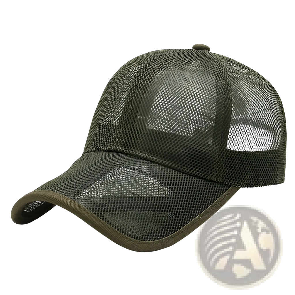 Men breathable olive green mesh baseball cap with solid fabric brim and adjustable strap for spring summer use