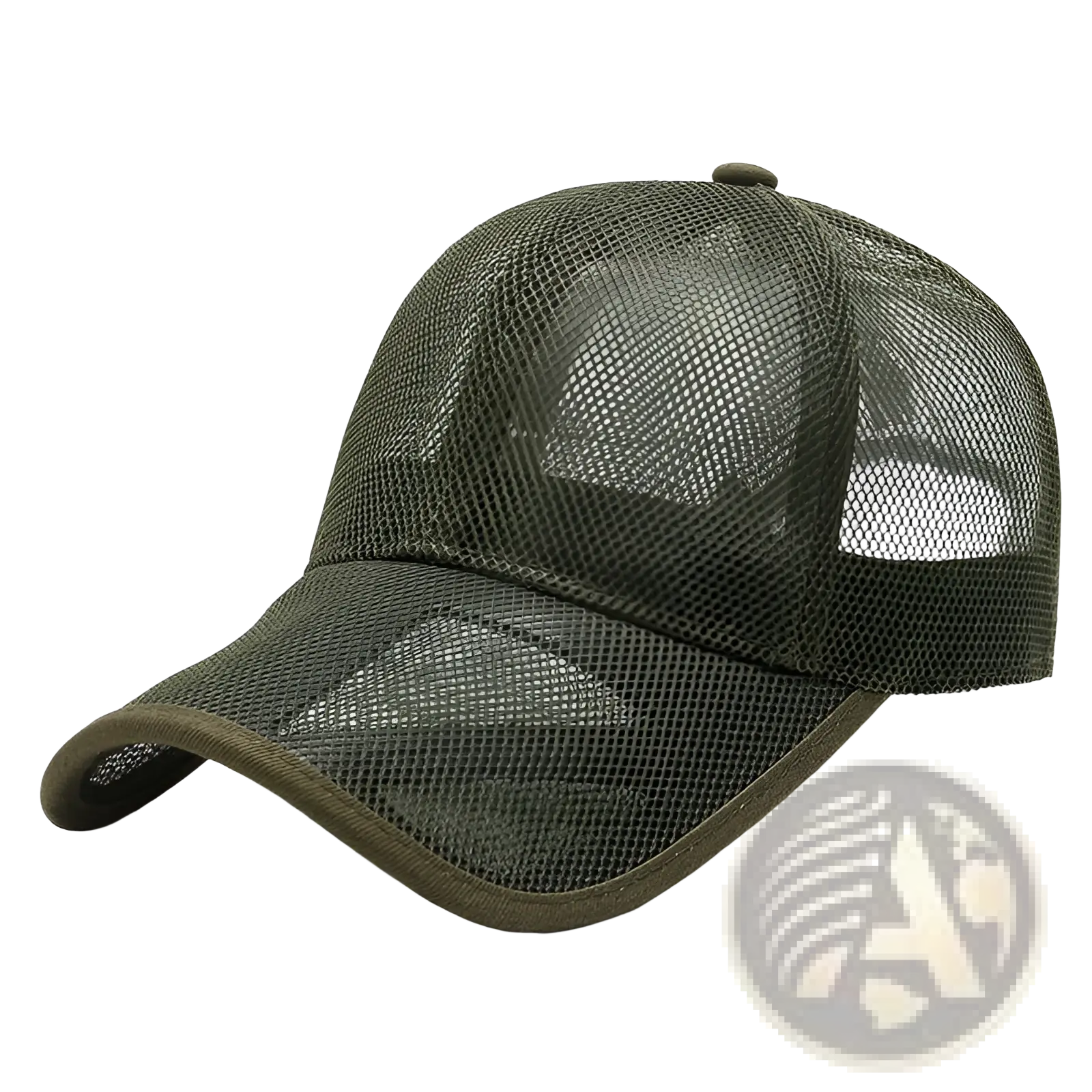 Men breathable olive green mesh baseball cap with solid fabric brim and adjustable strap for spring summer use