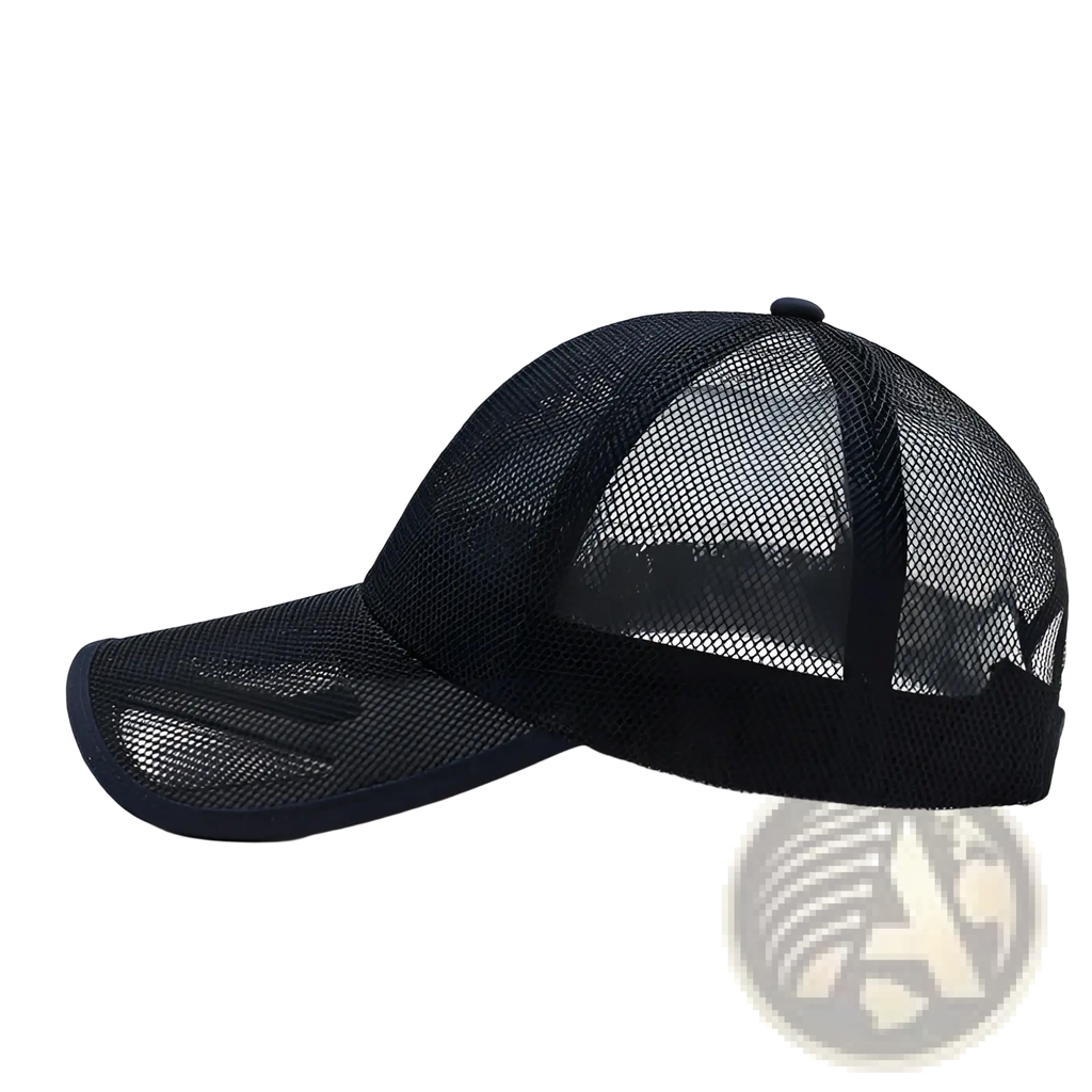 Black breathable mesh baseball cap with curved brim and adjustable back strap shown from the back side
