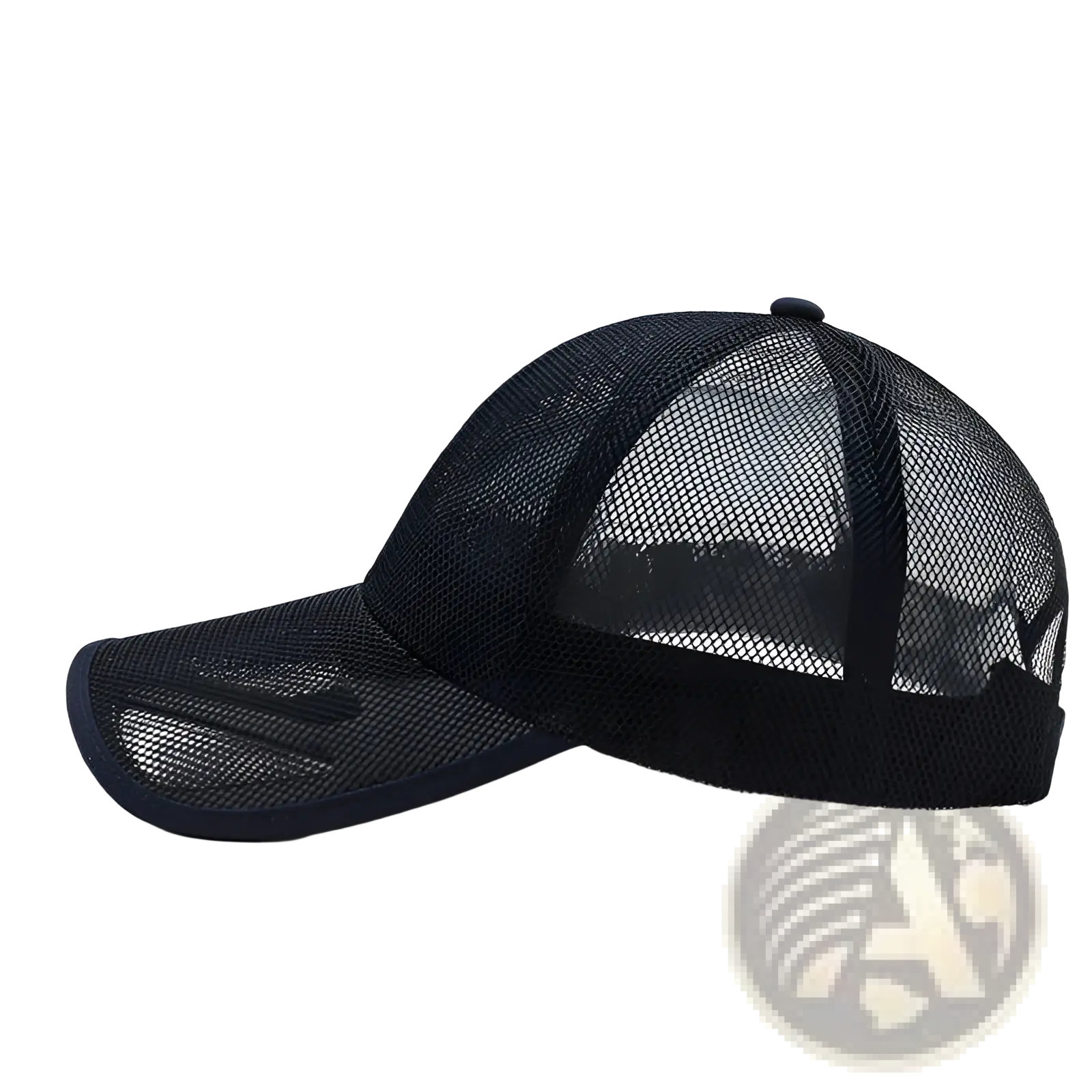 Black breathable mesh baseball cap with curved brim and adjustable back strap shown from the back side