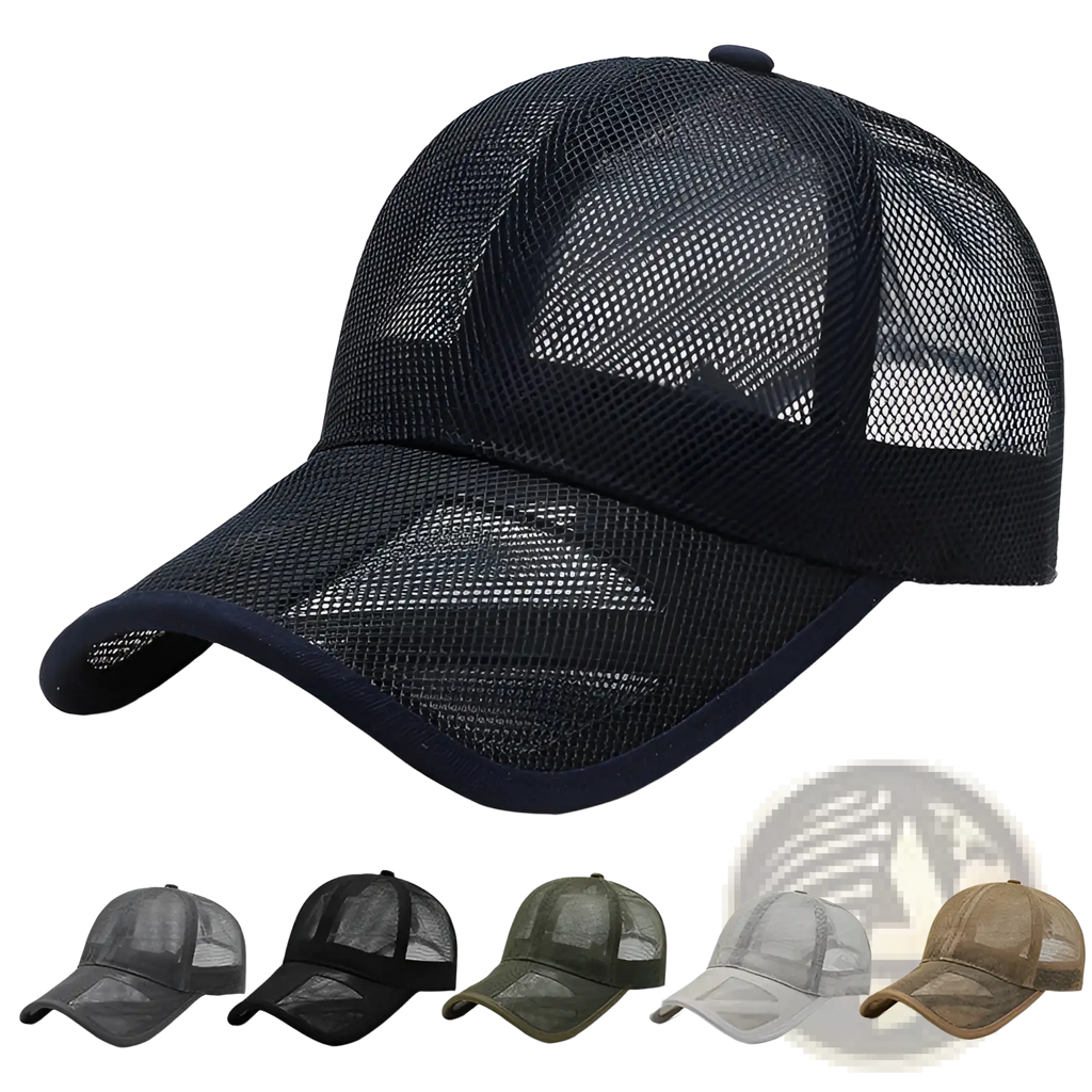 Men breathable mesh baseball cap in black with solid navy brim and adjustable strap for spring summer use