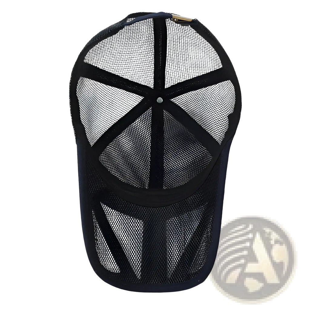 Black breathable mesh baseball cap with structured brim and adjustable strap for men spring summer use