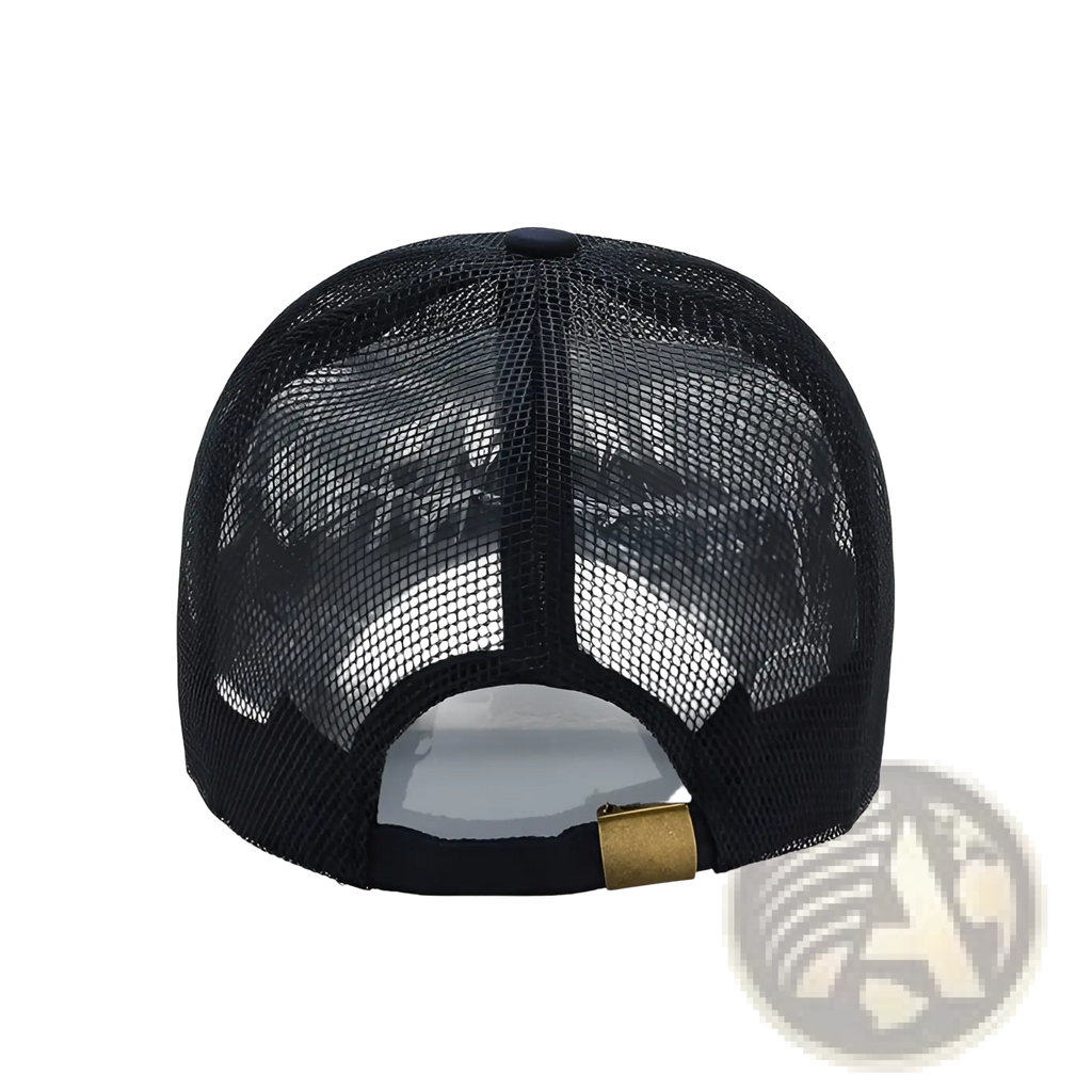 Men breathable mesh baseball cap showing black trucker style with gold-tone adjustable strap and dark blue top button