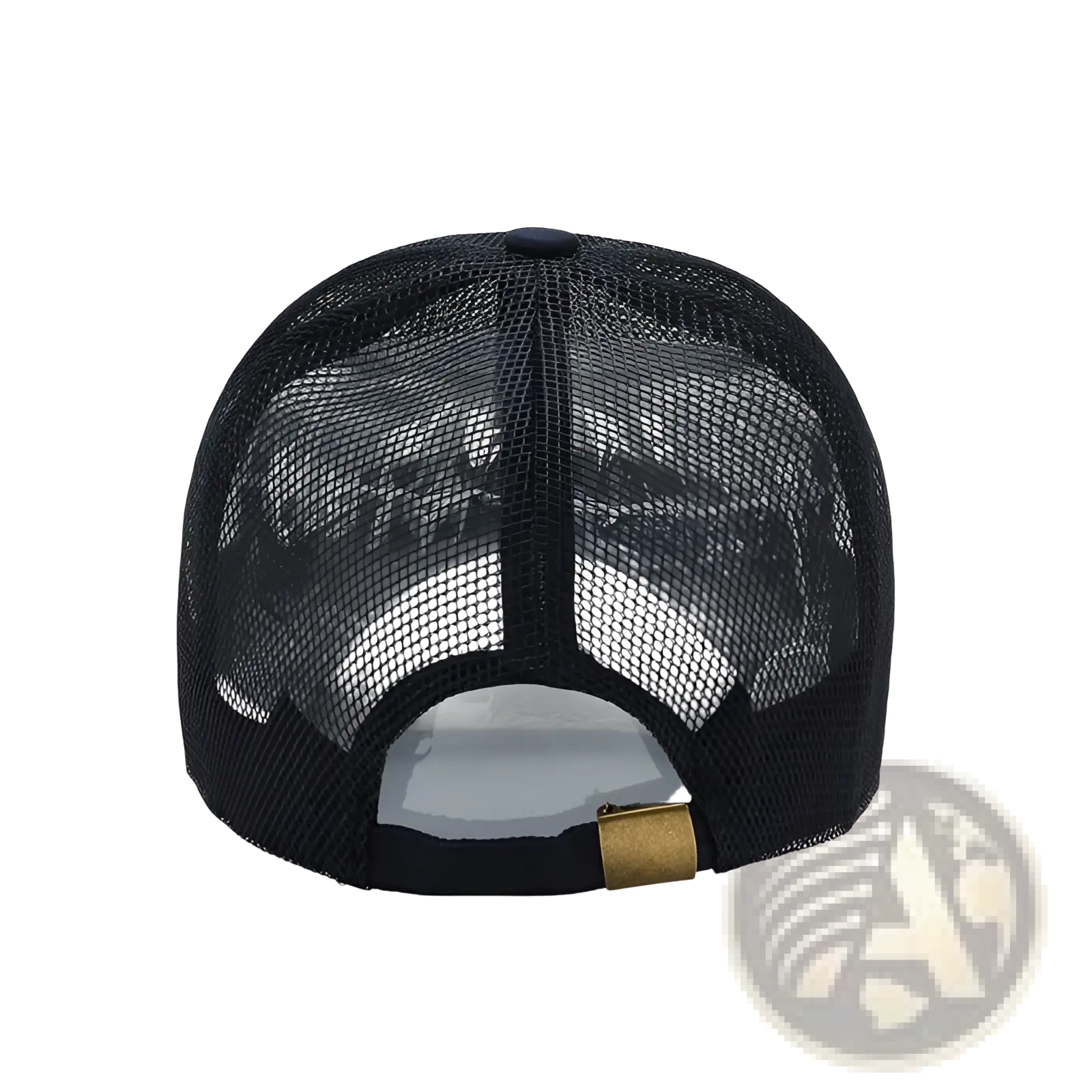 Men breathable mesh baseball cap showing black trucker style with gold-tone adjustable strap and dark blue top button