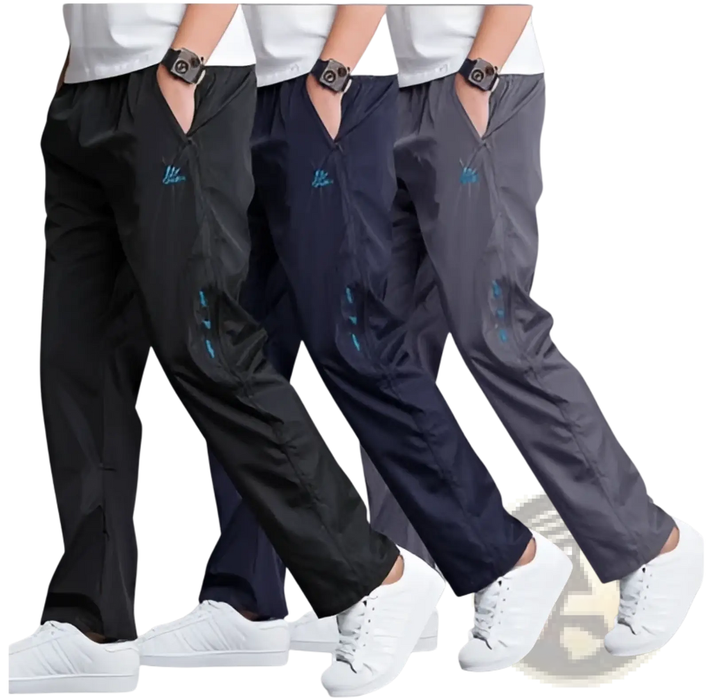 Men breathable quick dry mesh joggers in black navy blue and gray with subtle blue embroidered logos on side pockets