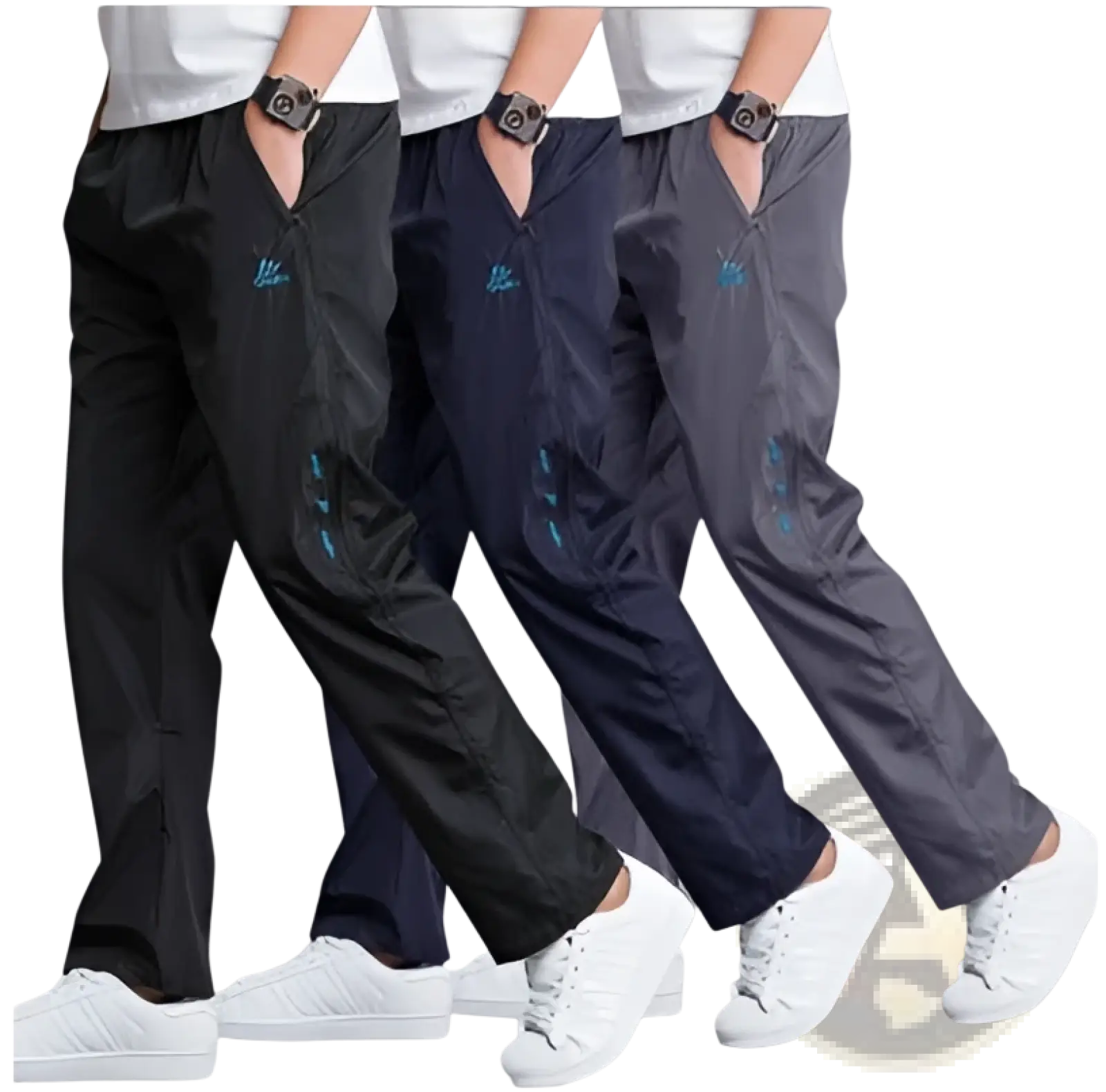 Men breathable quick dry mesh joggers in black navy blue and gray with subtle blue embroidered logos on side pockets