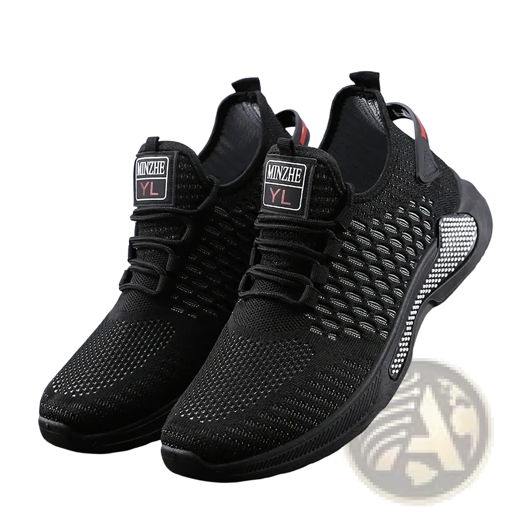 Men breathable slip-on mesh sneakers in black with textured pattern and red heel tab featuring minzhe yl branding