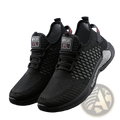 Men breathable slip-on mesh sneakers in black with textured pattern and red heel tab featuring minzhe yl branding