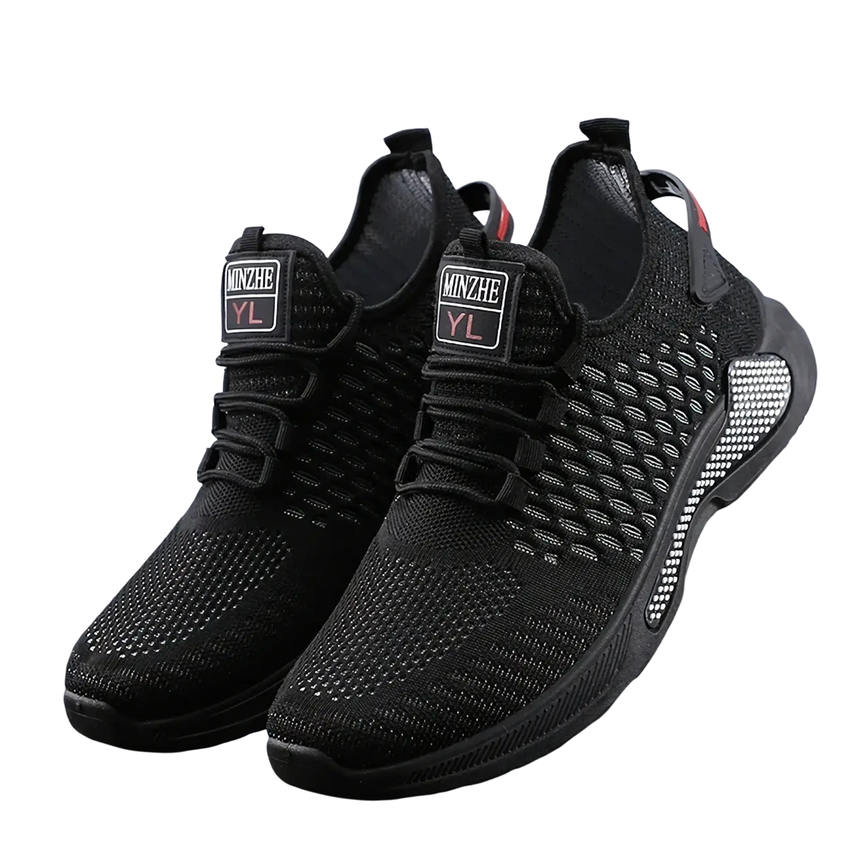 Men breathable slip-on mesh sneakers in black with textured pattern and red heel tab featuring minzhe yl branding